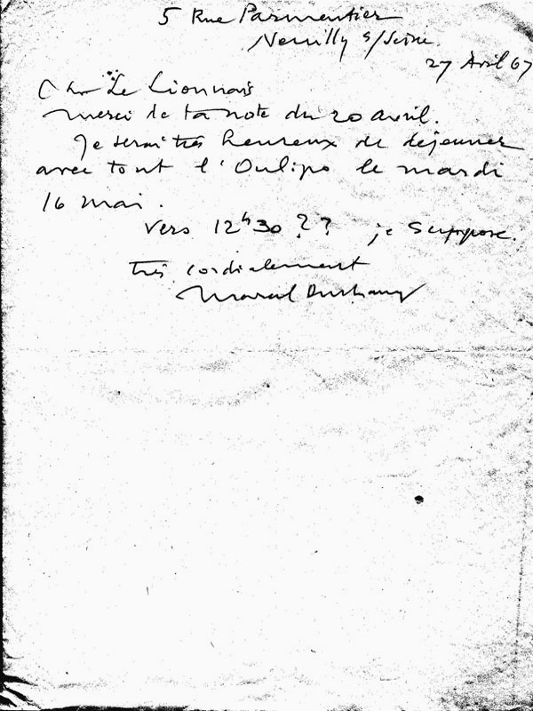 Marcel Duchamp > François Le Lionnais (correspondence).