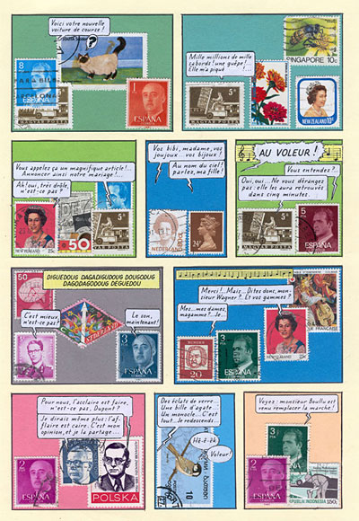 'Les bjouux de la reine', a comic strip by Gilles Ciment, using postage stamps