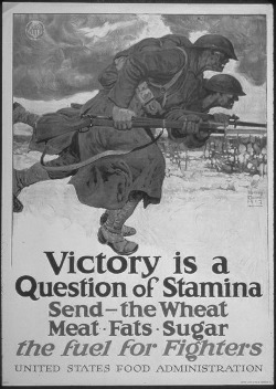 Black and white propaganda poster with two soldiers in overcoats charging with their guns. The poster reads 